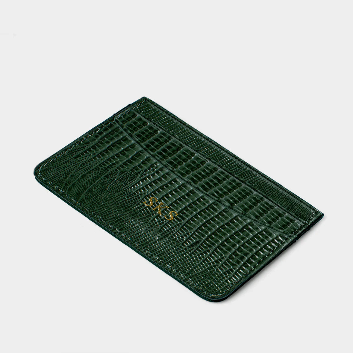 DARK GREEN LIZARD LEATHER PERSONALIZED CARD HOLDER