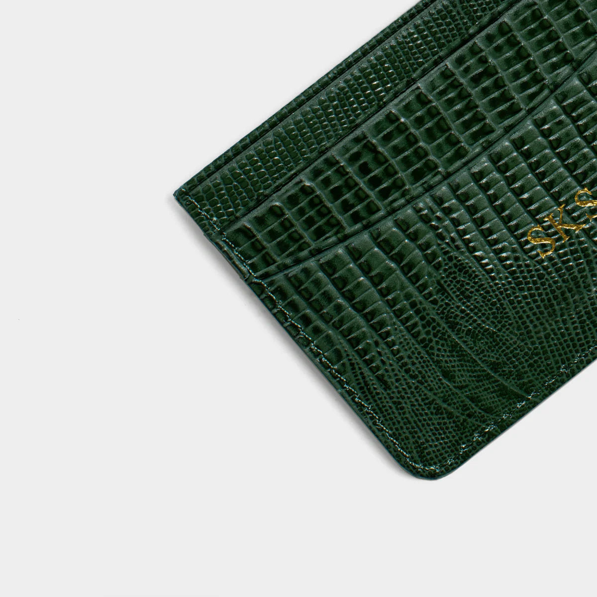 DARK GREEN LIZARD LEATHER PERSONALIZED CARD HOLDER