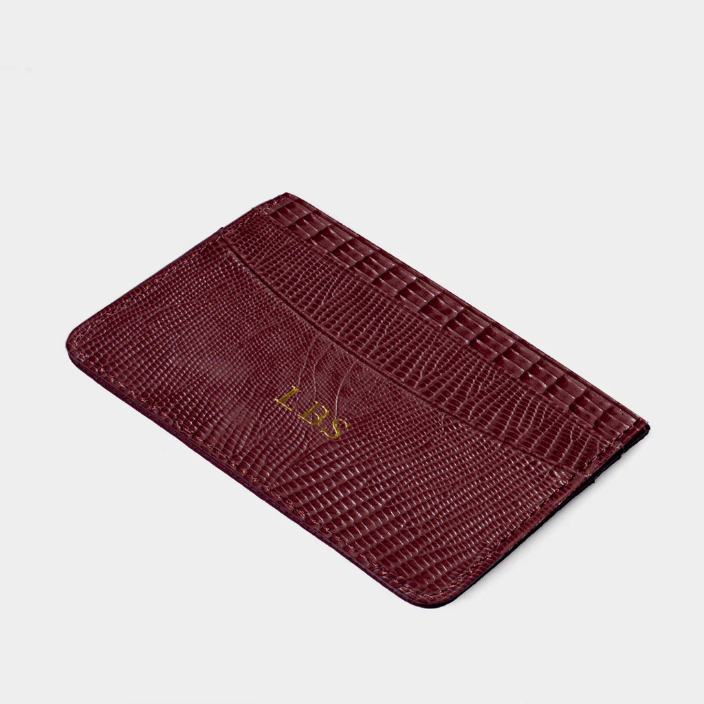 BURGUNDY LIZARD LEATHER PERSONALIZED CARD HOLDER