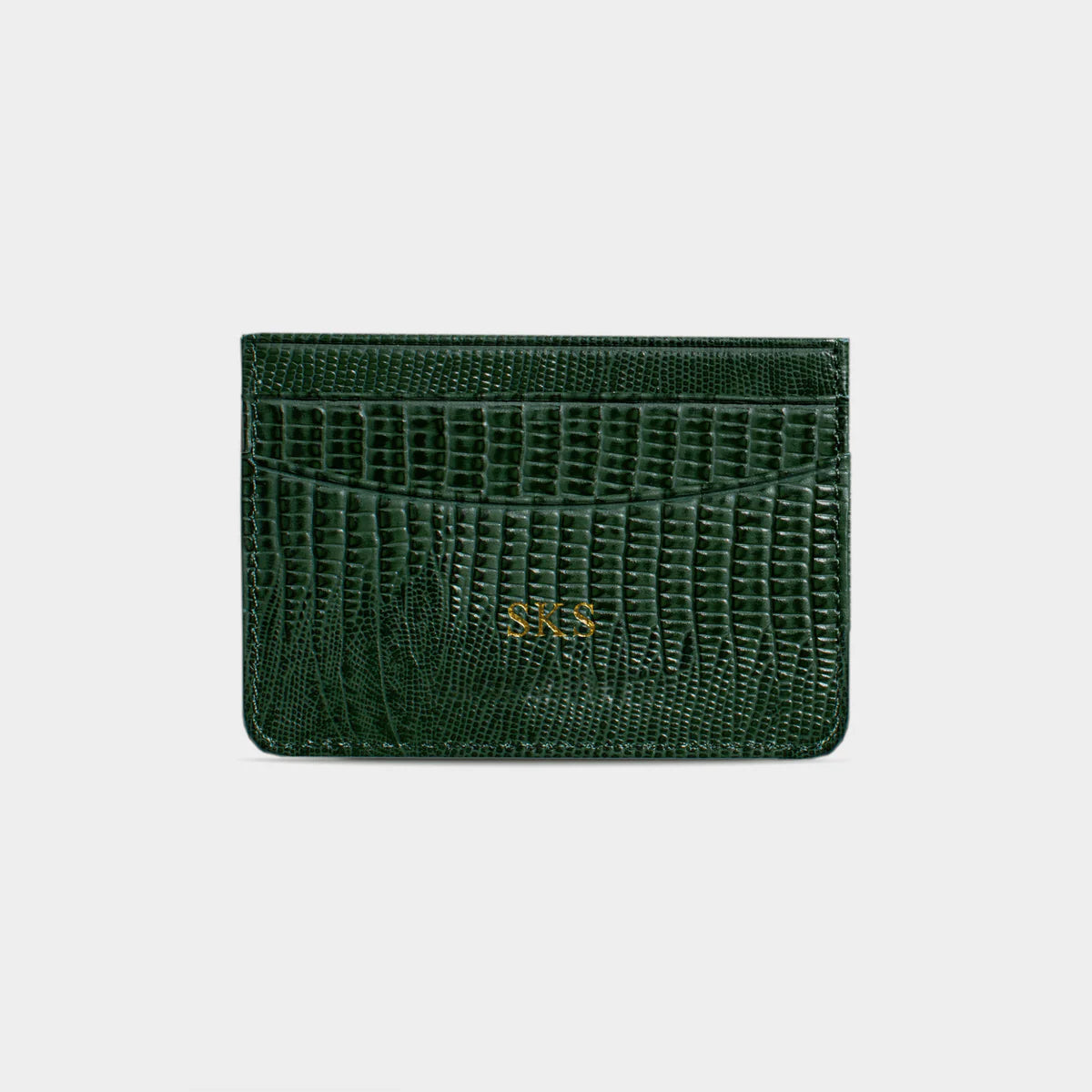 DARK GREEN LIZARD LEATHER PERSONALIZED CARD HOLDER