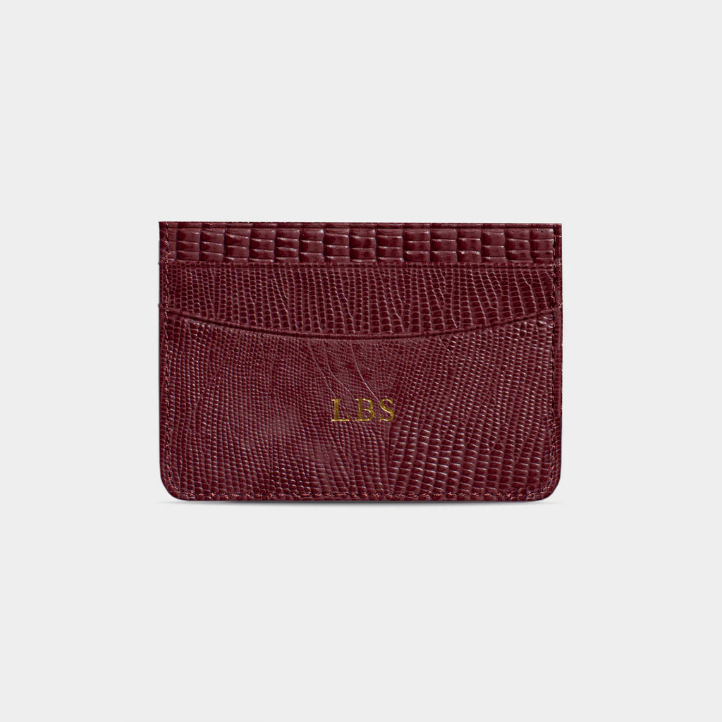 BURGUNDY LIZARD LEATHER PERSONALIZED CARD HOLDER