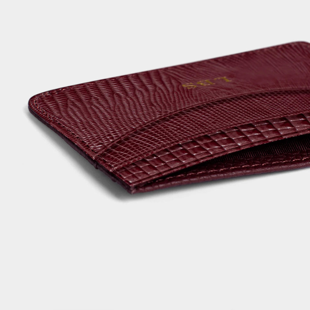 BURGUNDY LIZARD LEATHER PERSONALIZED CARD HOLDER