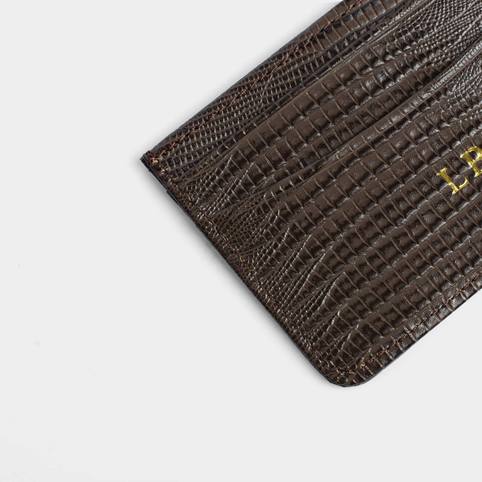DARK BROWN LIZARD LEATHER PERSONALIZED CARD HOLDER