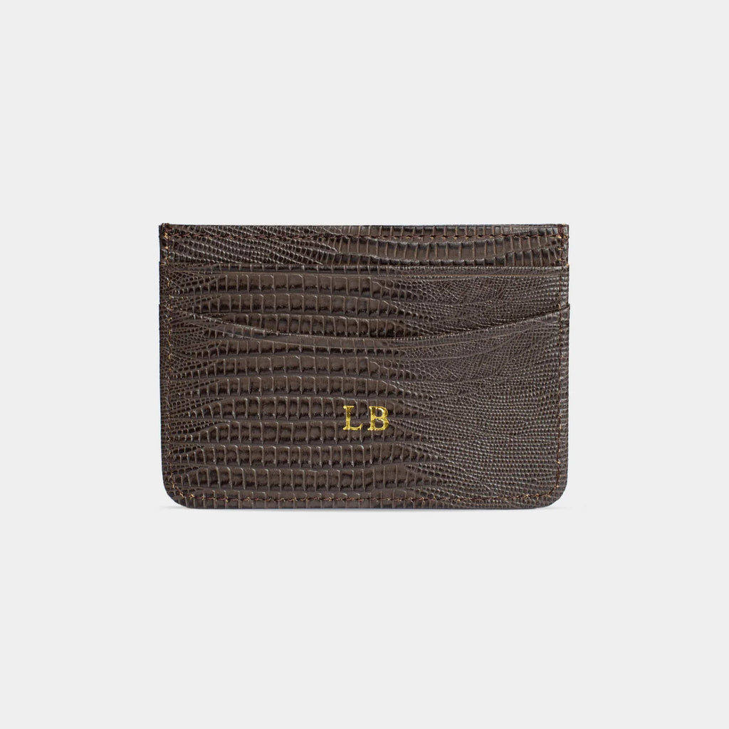 DARK BROWN LIZARD LEATHER PERSONALIZED CARD HOLDER