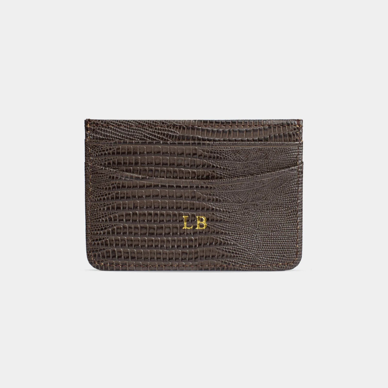 DARK BROWN LIZARD LEATHER PERSONALIZED CARD HOLDER
