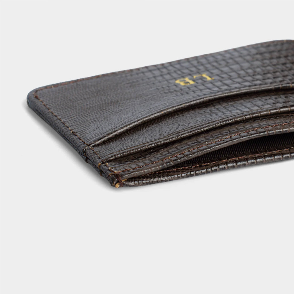 DARK BROWN LIZARD LEATHER PERSONALIZED CARD HOLDER